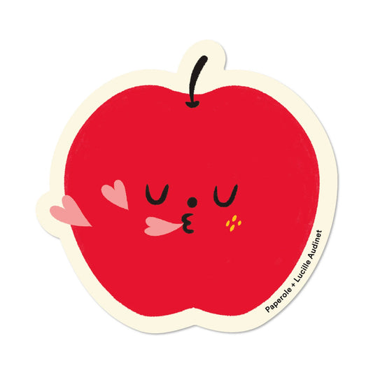 Apple sticker making a kissy face and hearts coming out from the mouth