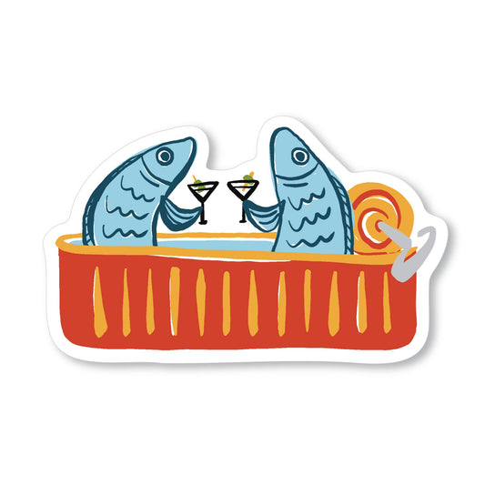 Sticker with two sardines holding martinis, sitting up in an open sardine tin can