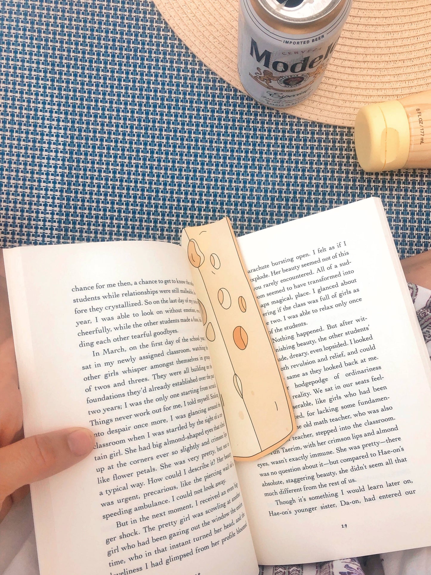Block of cheese bookmark being used inside book 