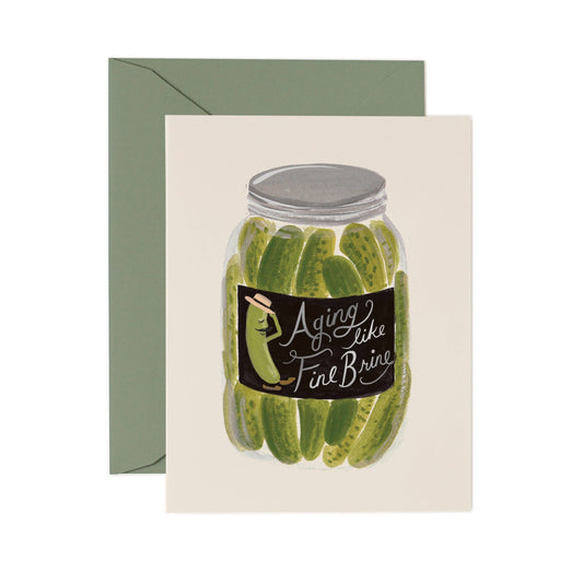 Card with pickle jar illustration and 'Aging Like Fine Brine' text, green envelope.