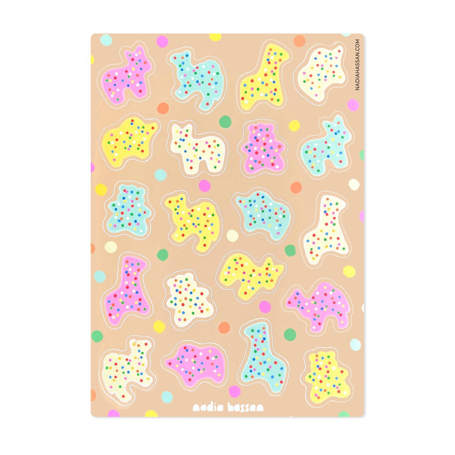 sticker sheet featuring a pastel pattern of animal silhouettes cookies (deer, sheep, rabbits, goats) with colorful sprinkles on a warm beige background, shown against a plain white backdrop.