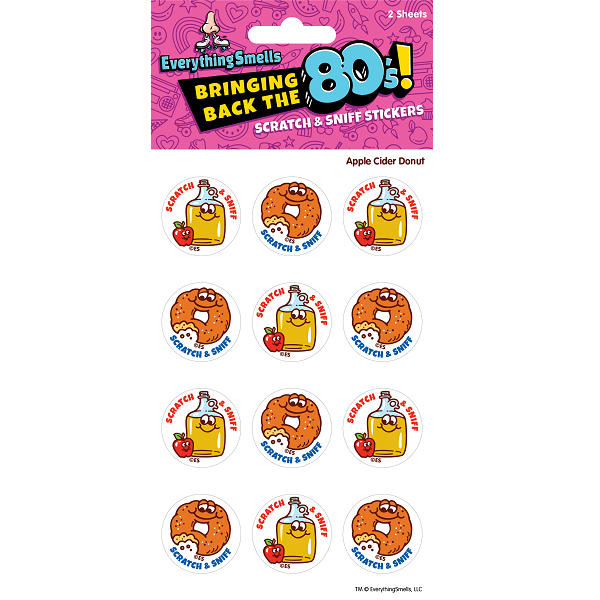 Scratch and sniff stickers with Apple Cider Donut theme on a white background