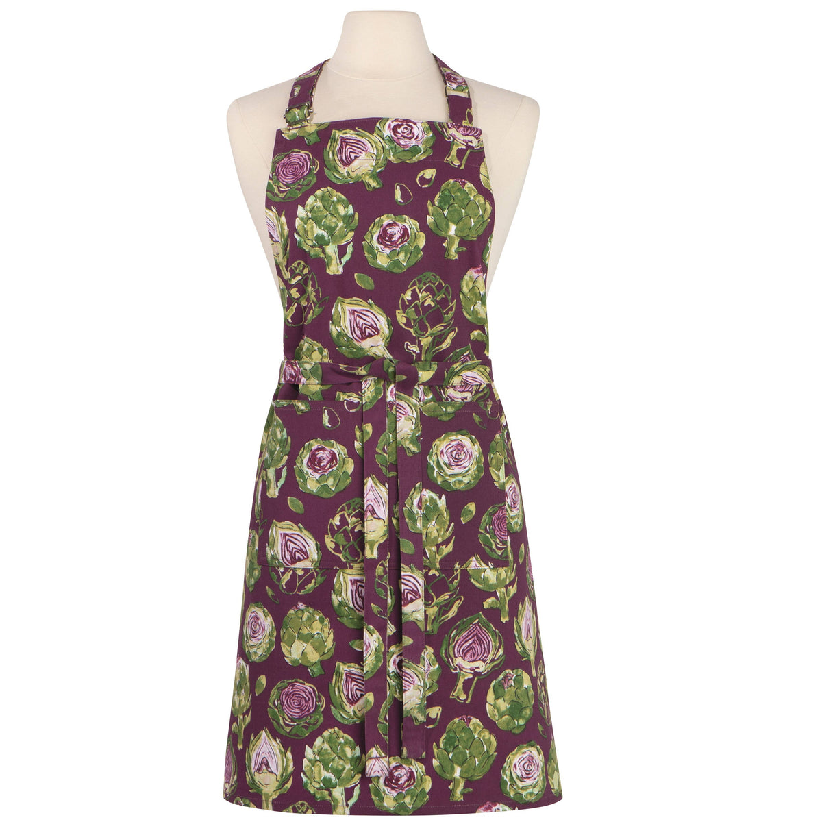 Purple apron with green floral pattern on a mannequin against a white background