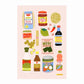 Gift wrap sheet with pale pink background featuring illustrated food items - Asian condiments and ingredients such as miso paste, rice vinegar fish sauce, sesame oil, chili oil, noodles,, nori seaweed sheets, lime and ginger. Shown on gift box with green ribbon.