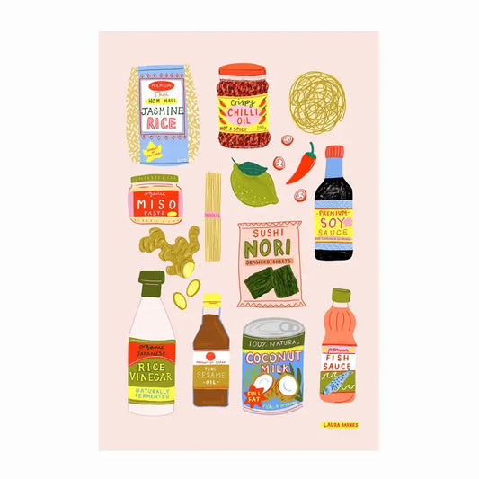 Gift wrap sheet with pale pink background featuring illustrated food items - Asian condiments and ingredients such as miso paste, rice vinegar fish sauce, sesame oil, chili oil, noodles,, nori seaweed sheets, lime and ginger. Shown on gift box with green ribbon.