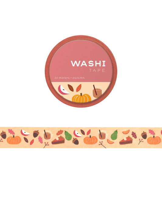 Decorative washi tape with pumpkins, apples, acorns, pears, pumpkin pie slices, spiced cider and leaves.