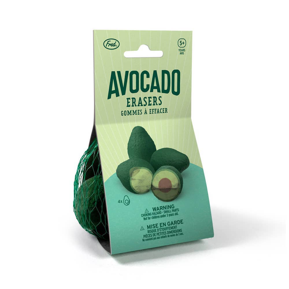 Set of 4 mini avocado erasers packaged in green produce avocado bag 