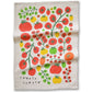 A square off-white fabric tea towel featuring a colorful retro-style illustration of tomato vines, fruits, and the text 'TOMATO TOMATO' printed in black at the bottom left.