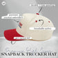 Red and beige snapback trucker hat with text highlighting features on a gray background
