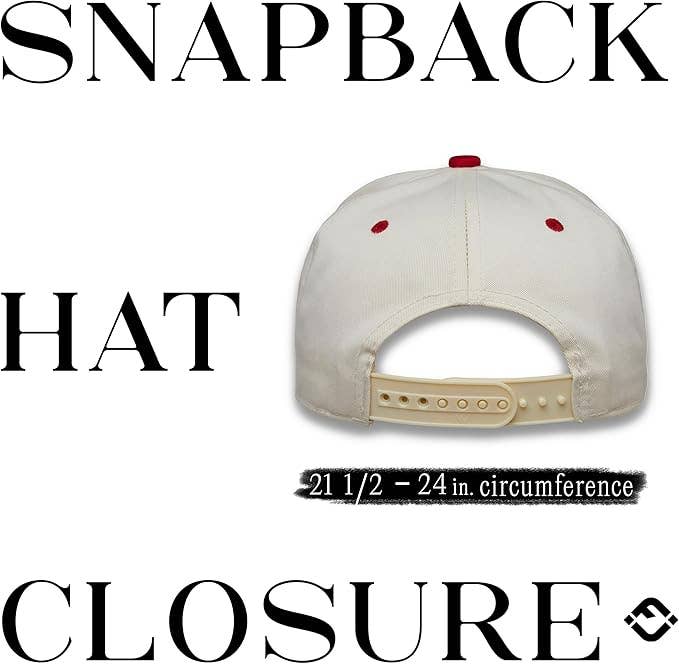 White snapback cap with red buttons on a white background