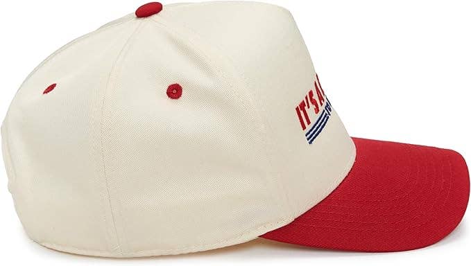 Baseball cap with red and beige colors on a white background