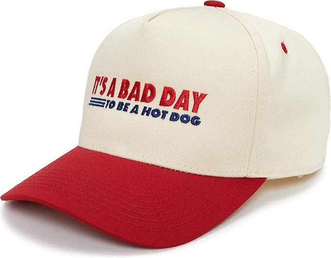 Beige and red cap with text 'It's a bad day to be a hot dog' on a white background