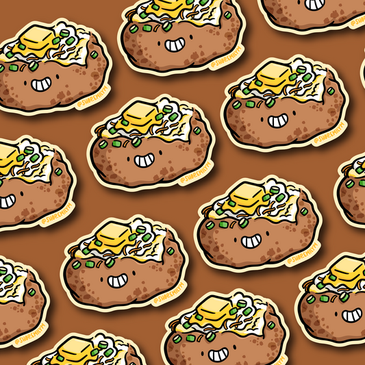 A repeating pattern of cartoon baked potatoes with butter, cheese, and green onions on a brown background. Each potato has a smiling face