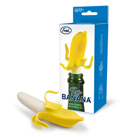 Banana-shaped wine stopper with packaging on a white background