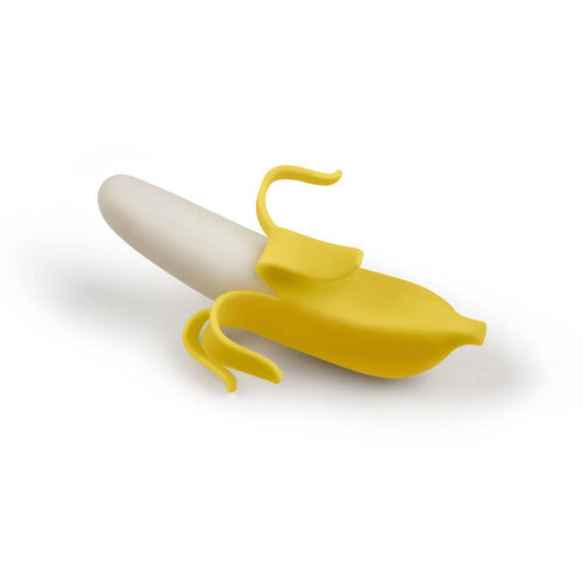 Yellow banana-shaped tool on a white background