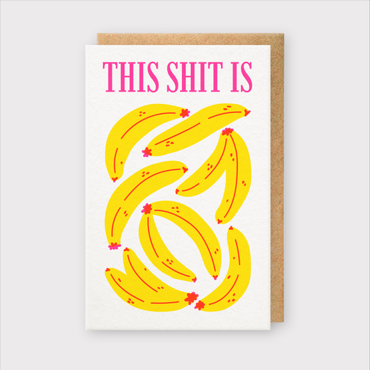 Greeting card with yellow bananas and pink text on a white background