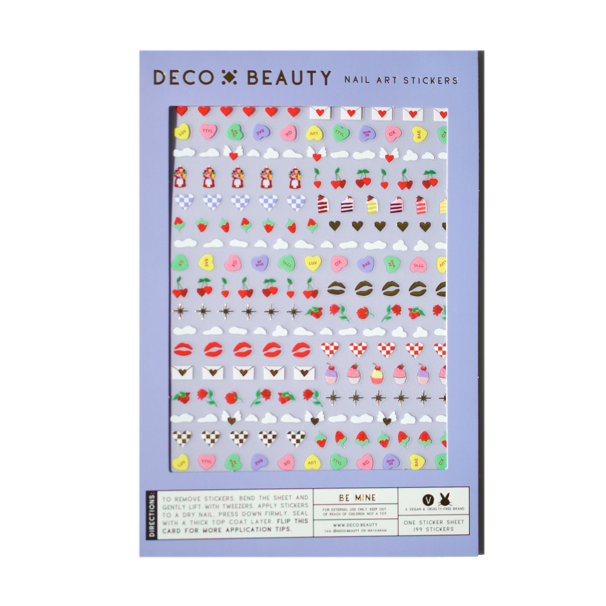 Packaging of Deco Beauty nail art stickers with colorful valentines themed designs on a white background