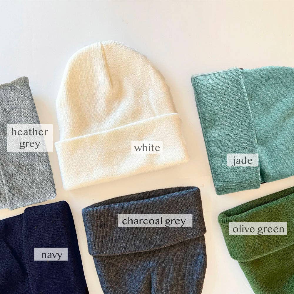 Color chart showing off the different color options: heather grey, white, jade, navy, charcaol grey, and olive green.
