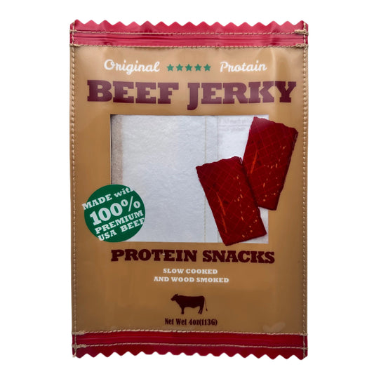 Pouch that looks like a real Beef Jerky pouch. Text that reads "Original Protain Beef Jerkey. Made with 100% premium beef. Protein Snacks. Slow Cooked and Wood Smoked. Net Wet 4oz (113g)