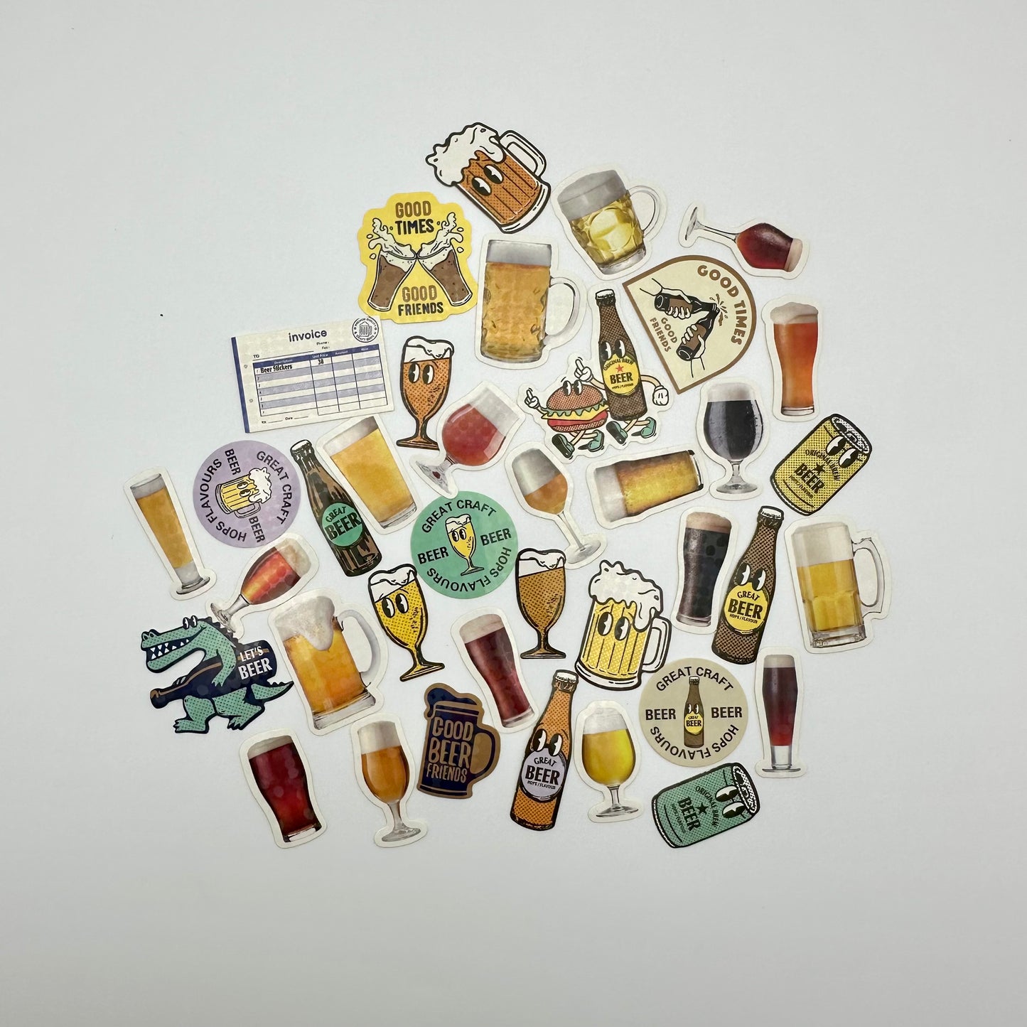 38 little beer stickers that include beer in glasses, mugs and bottles. as well as cartoon beers.