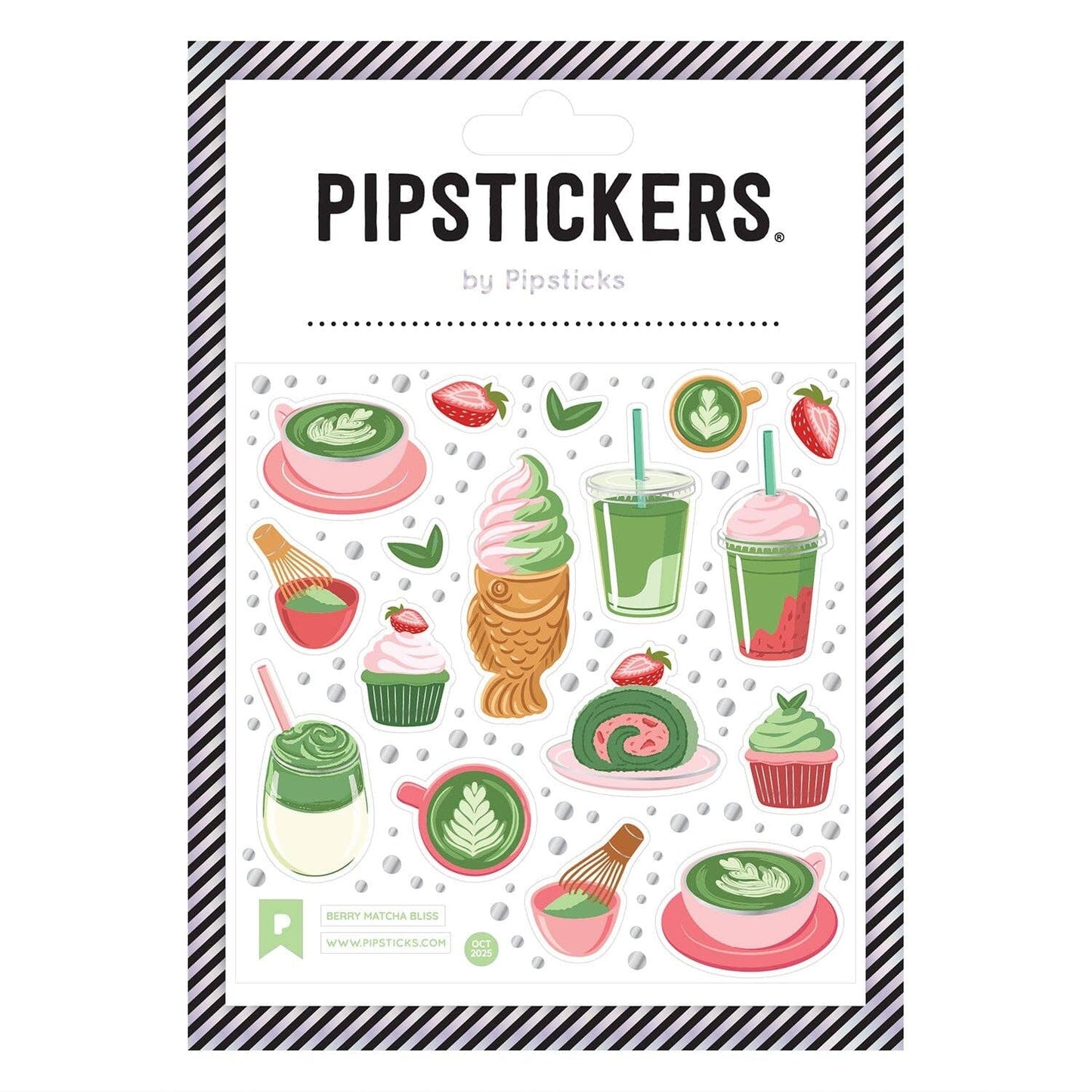Packaging of Pipstickers with colorful  matcha foods and drink illustrations on a white background