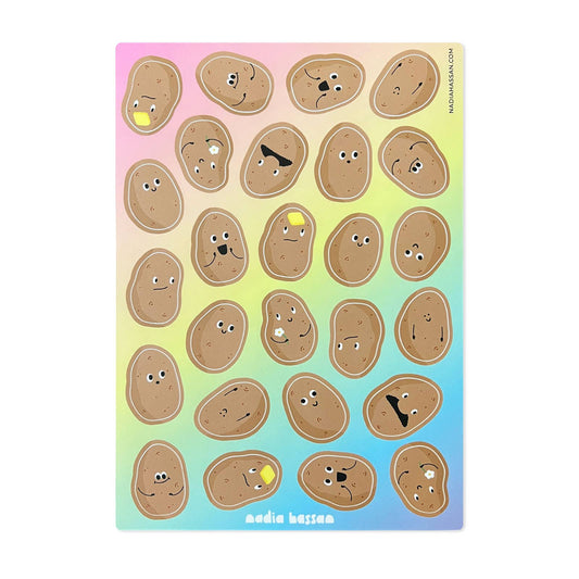 Sheet of stickers with cartoon potato faces on a gradient background