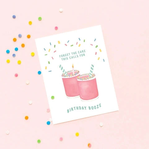 Birthday Booze Greeting Card shown on pink background with multi-colored confetti.