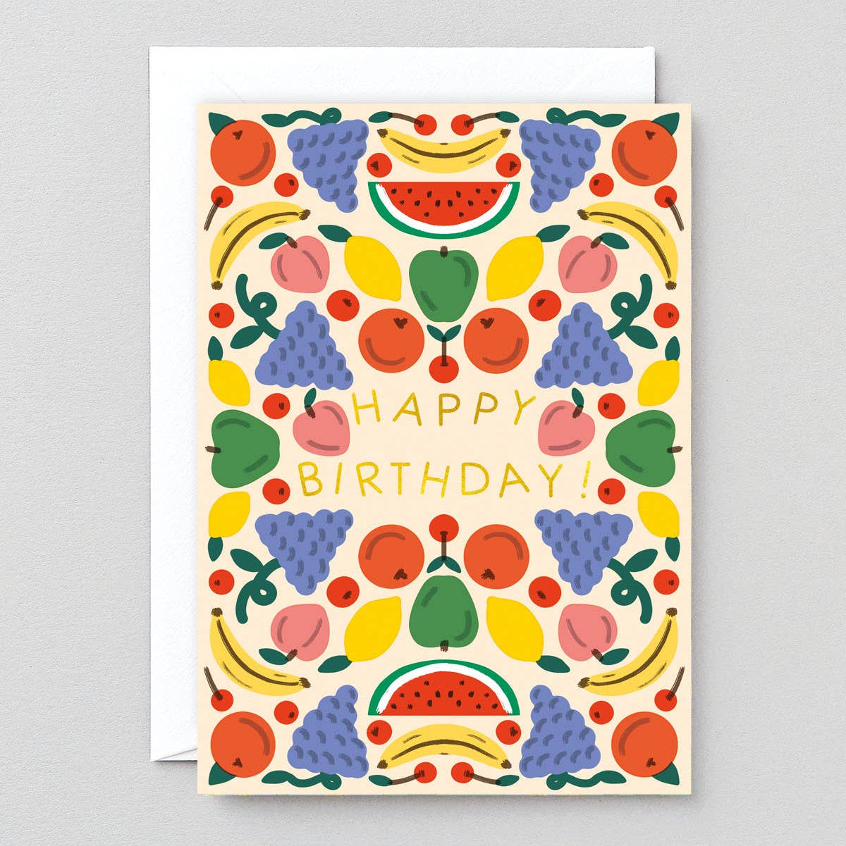 Colorful birthday card with fruit illustrations on a gray background