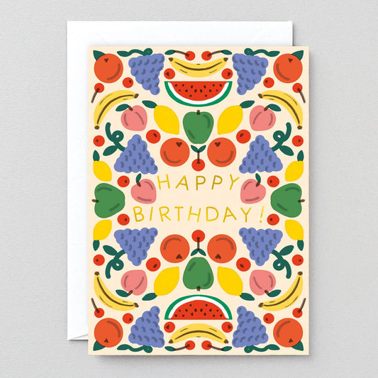 Colorful birthday card with fruit illustrations on a gray background