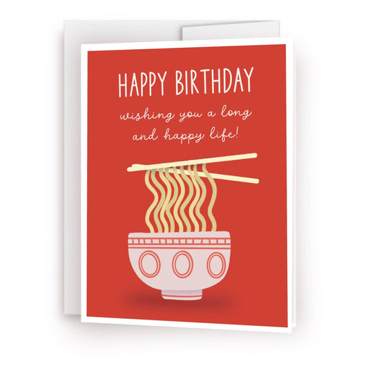 Birthday card with a bowl of noodles and chopsticks on a red background