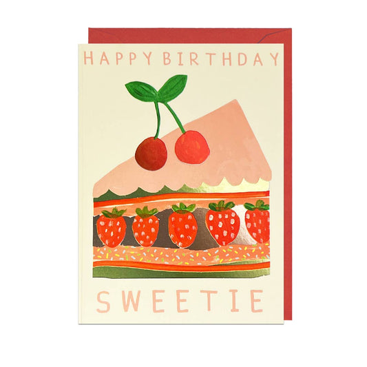 Greeting card that says "Happy Birthday Sweetie" with a picture of a slice of pie (or cake) decorated with strawberries, sprinkles, pink and red frosting/decor, and two cherries on top.