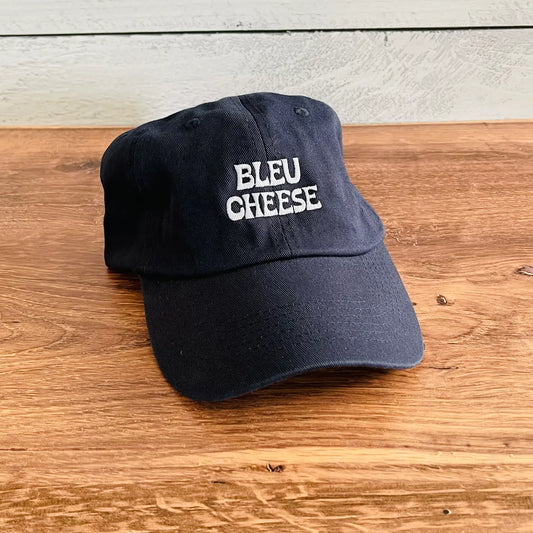 Navy cap with light blue text that reads "Bleu Cheese"
