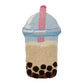 Textile art piece resembling a boba cup with a pink straw on a white background