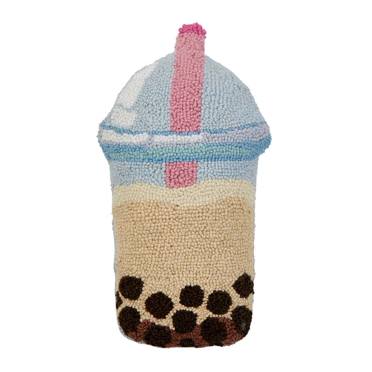 Textile art piece resembling a boba cup with a pink straw on a white background