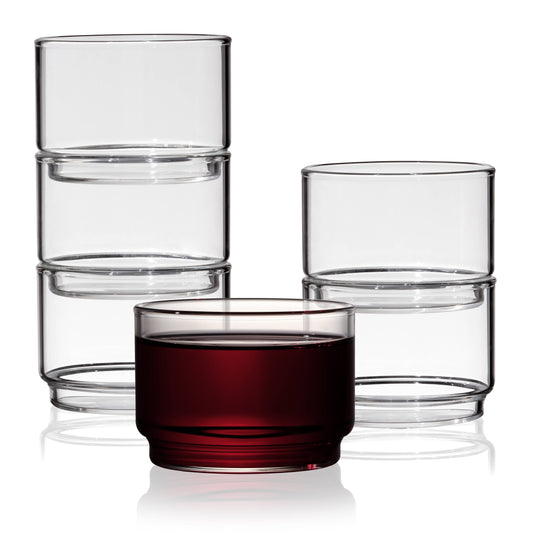 Set of 6 stackable glasses -- one is filled with wine