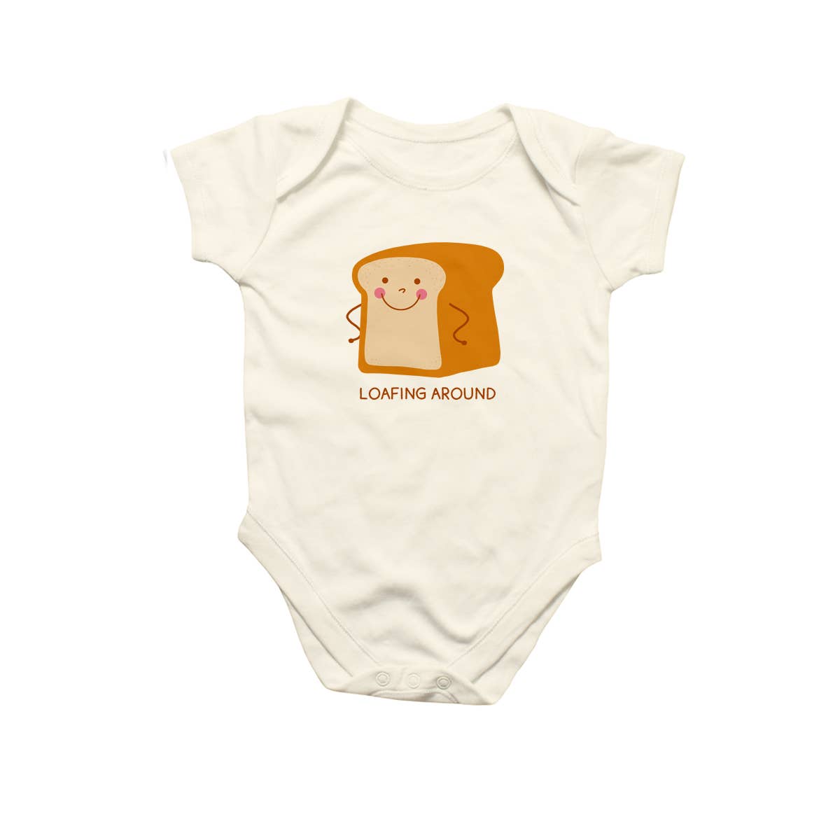 An off-white short-sleeve baby bodysuit featuring a cute graphic of a smiling slice of bread with the text 'LOAFING AROUND' printed below it, displayed against a solid white background.
