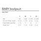 Baby bodysuit size chart with age, garment body length, chest width, and weight measurements.
