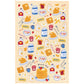 Kitchen towel featuring various breakfast and brunch foods including cereal, waffles and pancakes, maple syrup, eggs, coffee, orange juice and sausage links