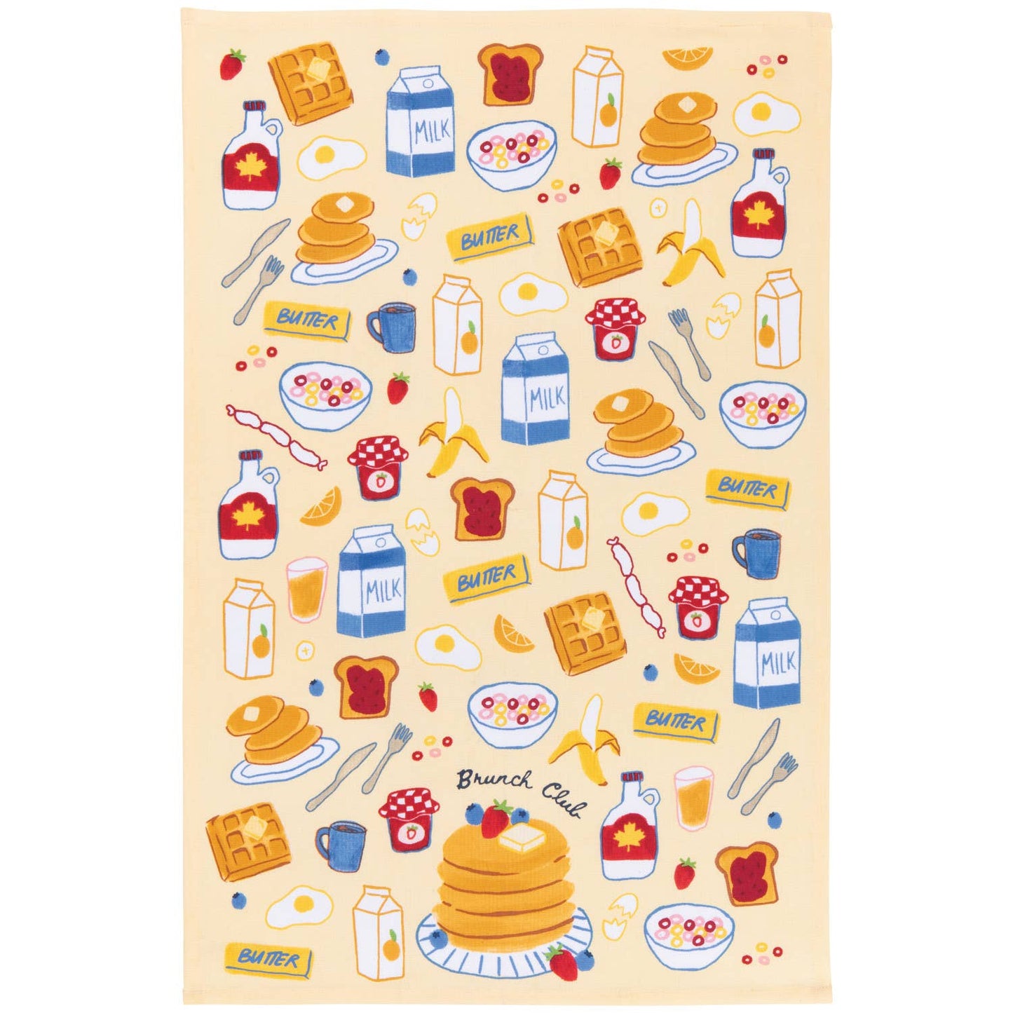 Kitchen towel featuring various breakfast and brunch foods including cereal, waffles and pancakes, maple syrup, eggs, coffee, orange juice and sausage links