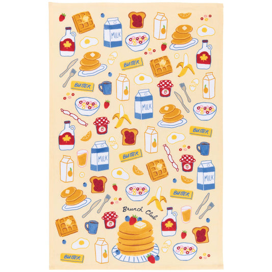 Kitchen towel featuring various breakfast and brunch foods including cereal, waffles and pancakes, maple syrup, eggs, coffee, orange juice and sausage links