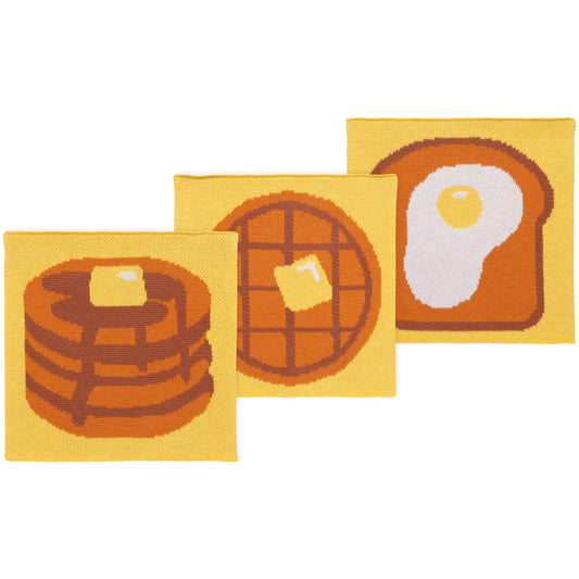 Set of 3 dish cloths, each with a breakfast food on it -- pancakes, waffles and egg on toast