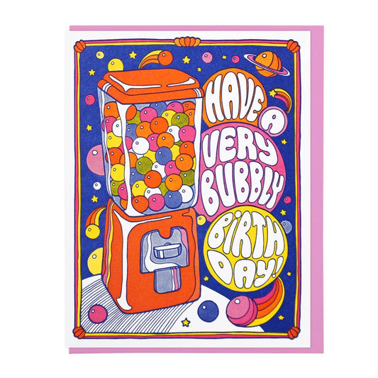 bubble gum themed birthday card and text that says "have a very bubbly birthday"