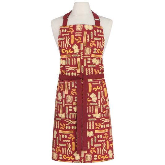A red bib apron with a yellow and beige food-themed pattern, displayed on a white mannequin torso against a white background.