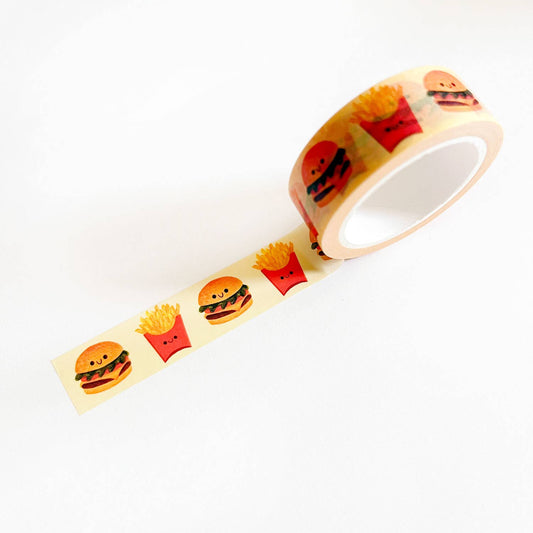 yellow washi tape designed with smiley cheeseburgers and fries