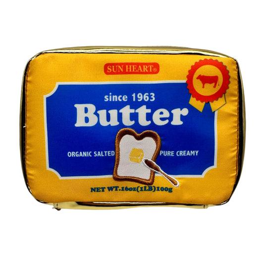 Pouch that looks like butter container with an embroidered image of toast and a pad of butter.