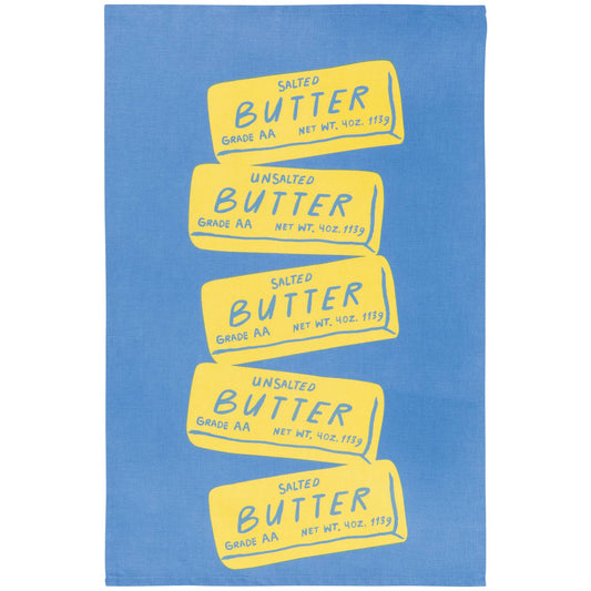 Kitchen towel with a vibrant blue background and 5 yellow butter sticks design 