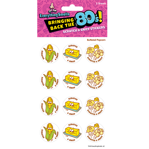 2 sheets of buttered popcorn scratch & sniff sticker sheets 