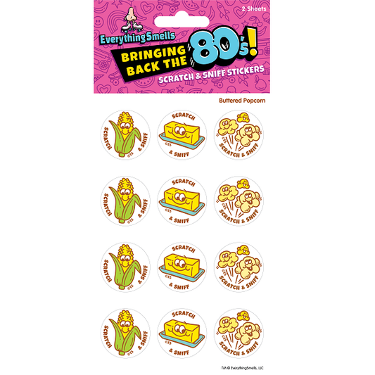 2 sheets of buttered popcorn scratch & sniff sticker sheets 