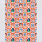 Patterned paper with cartoon characters on a pink background