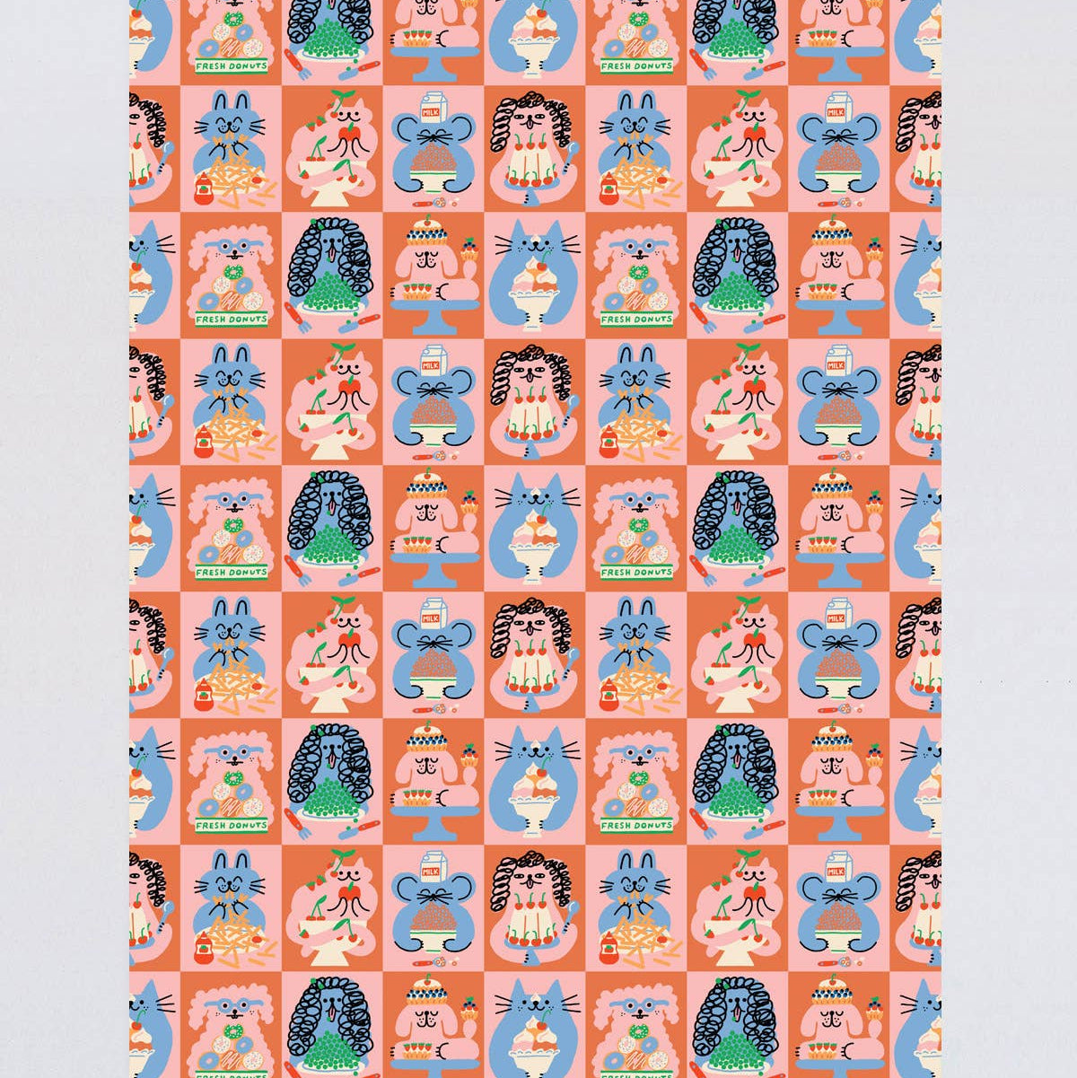Patterned paper with cartoon characters on a pink background